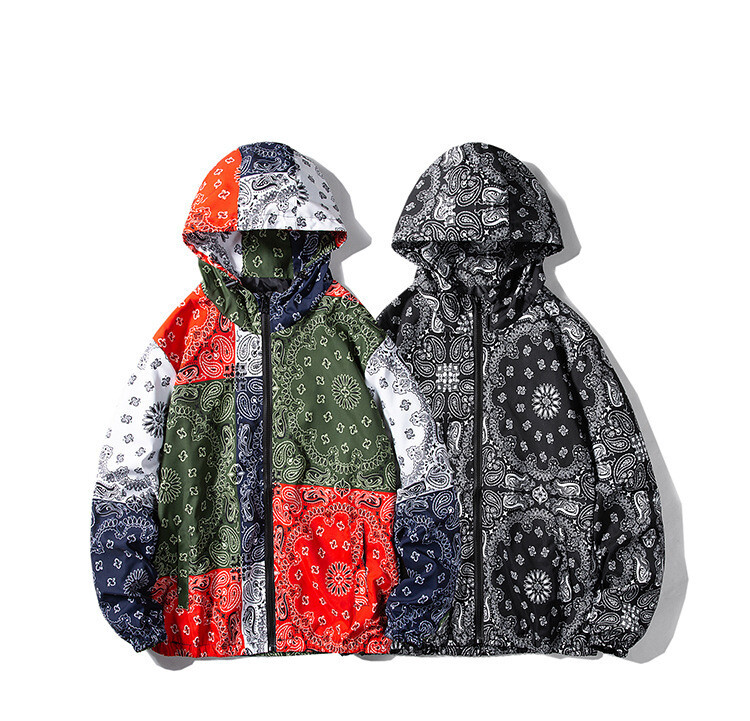 NS043 2022 spring men and women trendy hip hop bandana jackets mens hooded zipper jacket