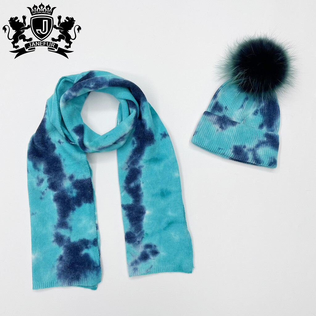 Top Selling High Quality Women Wool Hat Set With Scarf Raccoon Fur Pompom hat and scarf set