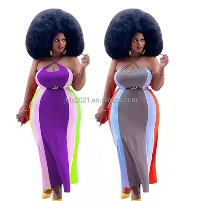 Plus-size sexy bodycon maxi dress with a halter neckline and contrasting colors is a staple item this summer in Africa, courtesy of J&H Fashion.