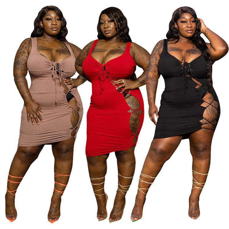 Summer Clothing Women Sexy Hollow Out Club Wear Sleeveless Tie Up Slit Bandage Ribbed Knit Mini Plus Size Dress