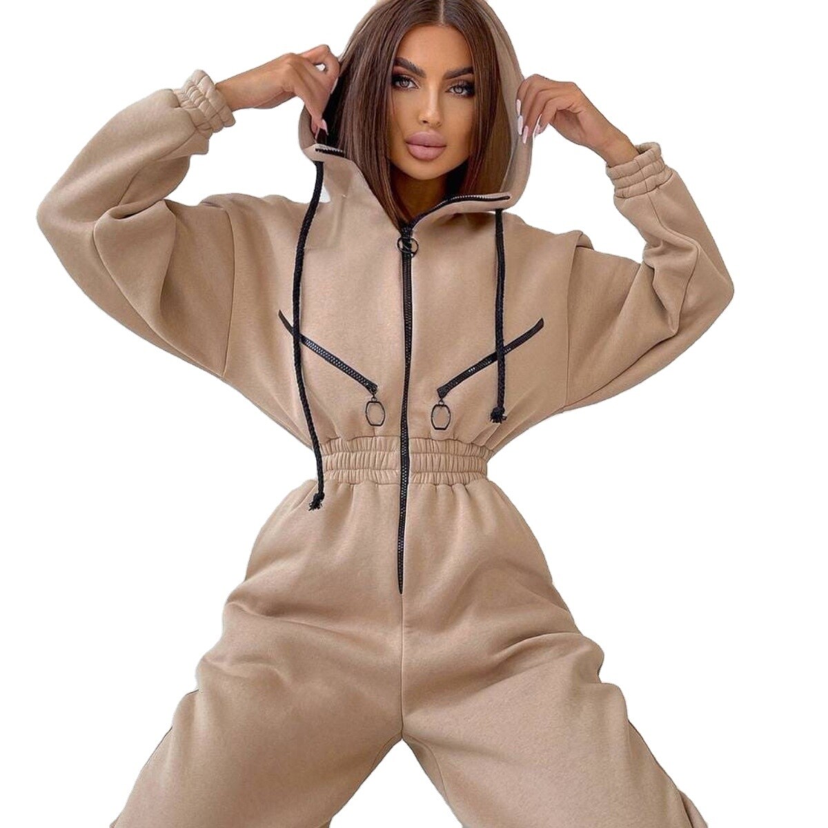 High-quality designer solid-color logo sports casual hoodie jumpsuit women zip