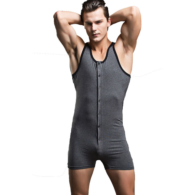 Men's Summer Jumpsuit Sleepwear Sleeveless Onesie Botton Opening Adult Tight Muscle Onesie for man