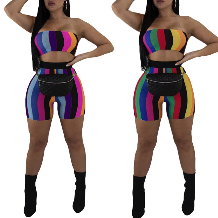 JB-19101635 Two Piece Stripes Shorts Bodycon Rompers Women Jumpsuits