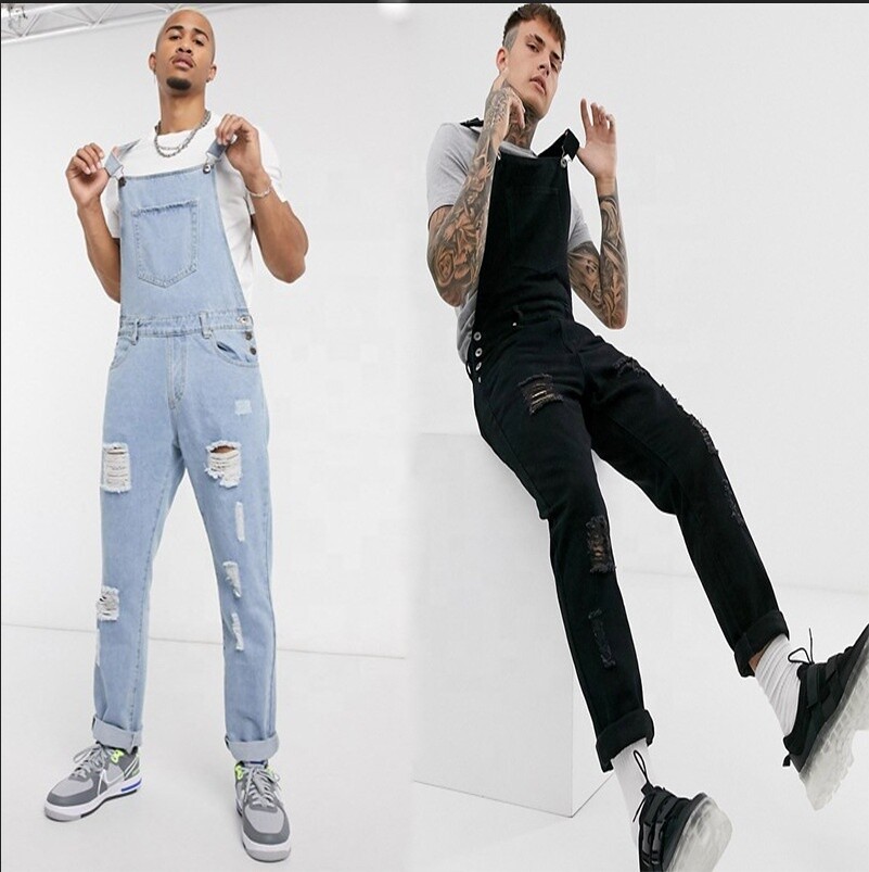 XLL High street fall fashion male washed denim suspenders jumpsuit ripped overalls for mens jeans 2021