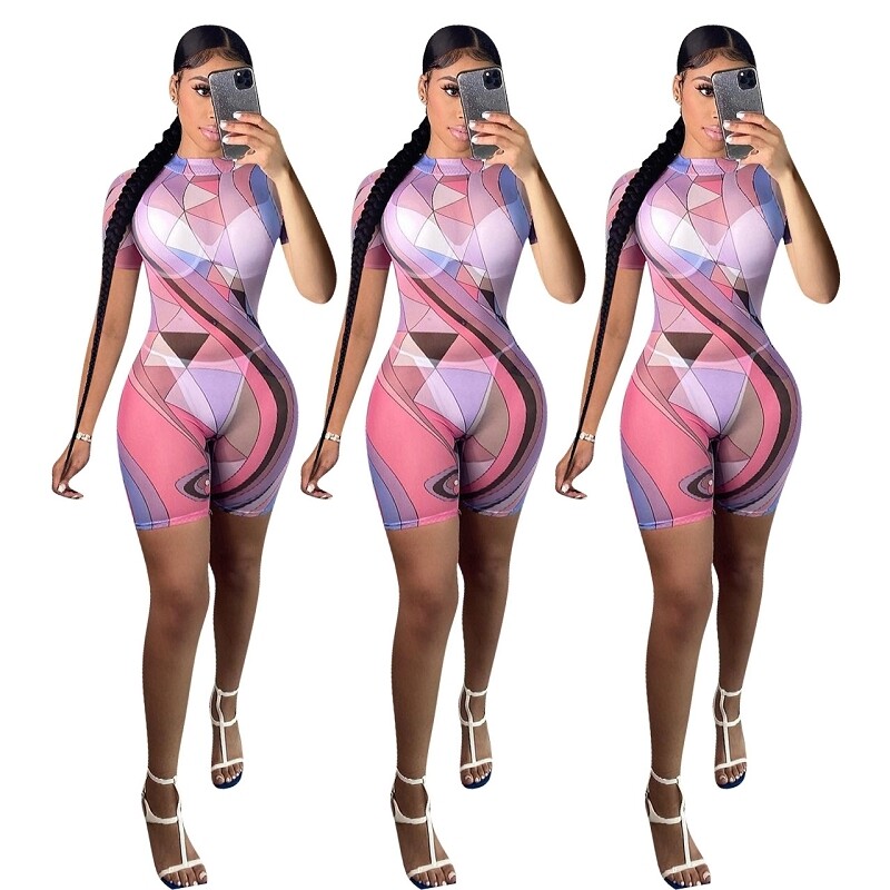 MD-2022052612   Trending products 2022 new arrivals geometric flora printed bodycon short ladies outfit romper jumpsuit
