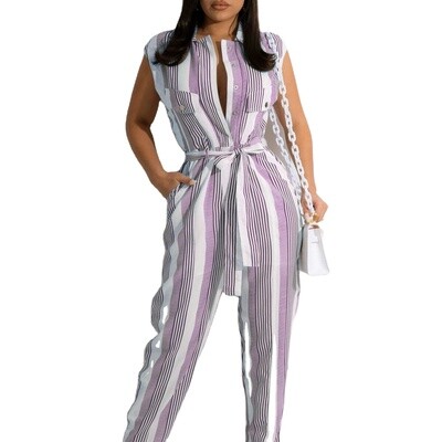 J&H 2022 new arrivals women's fashion striped printed belt jumpsuit pants suits elegance sleeveless casual summer outfits