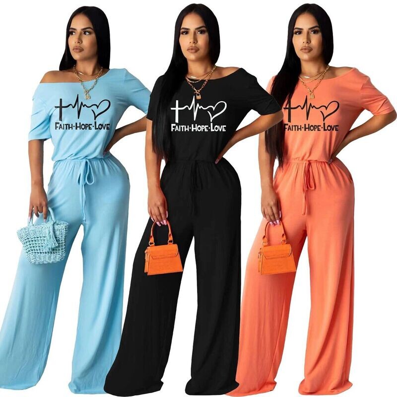 J&H 2022 letter print palazzo pants women one-piece jumpsuits casual short-sleeve outfits
