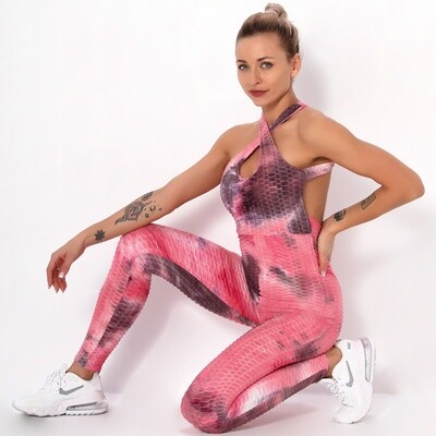 Women's Seersucker Fabric Yoga Backless Romper Tie Dye Jumpsuit