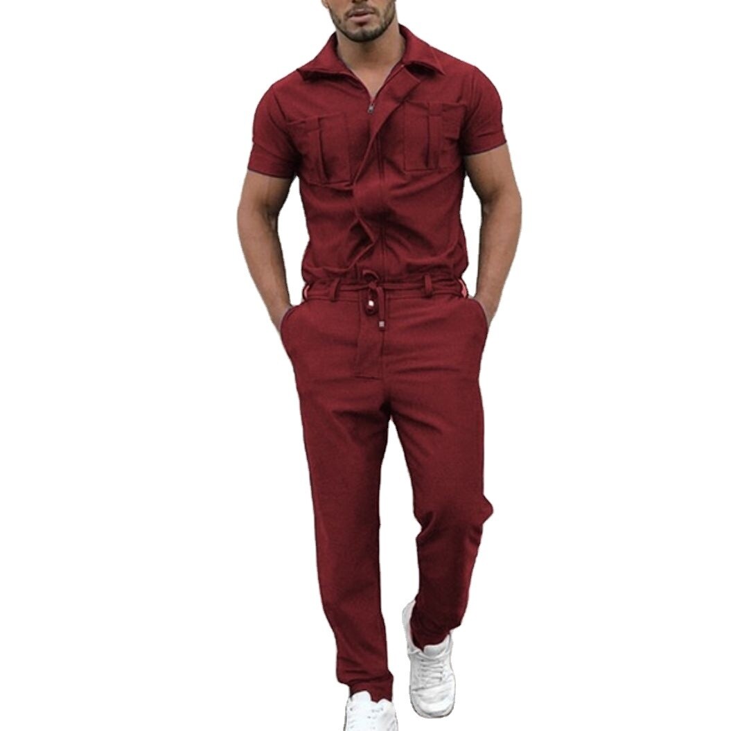 10%OFF M-2XL Men's new solid color one-piece suit fashion casual zipper placket personality multi-pocket one-piece work clothes