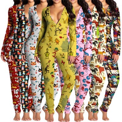 2022 High Quality Ladies Cartoon Printed Nightclothes Rompers Long Sleeve Sleepwear Women Pajama Jumpsuits