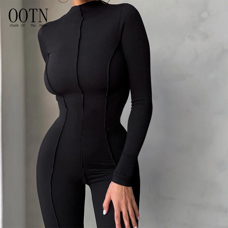 OOTN White Bodycon Jumpsuit Winter One Piece Outfits Women Turtleneck Long Sleeve Jumpsuit Fall Ribbed Black Jumpsuit