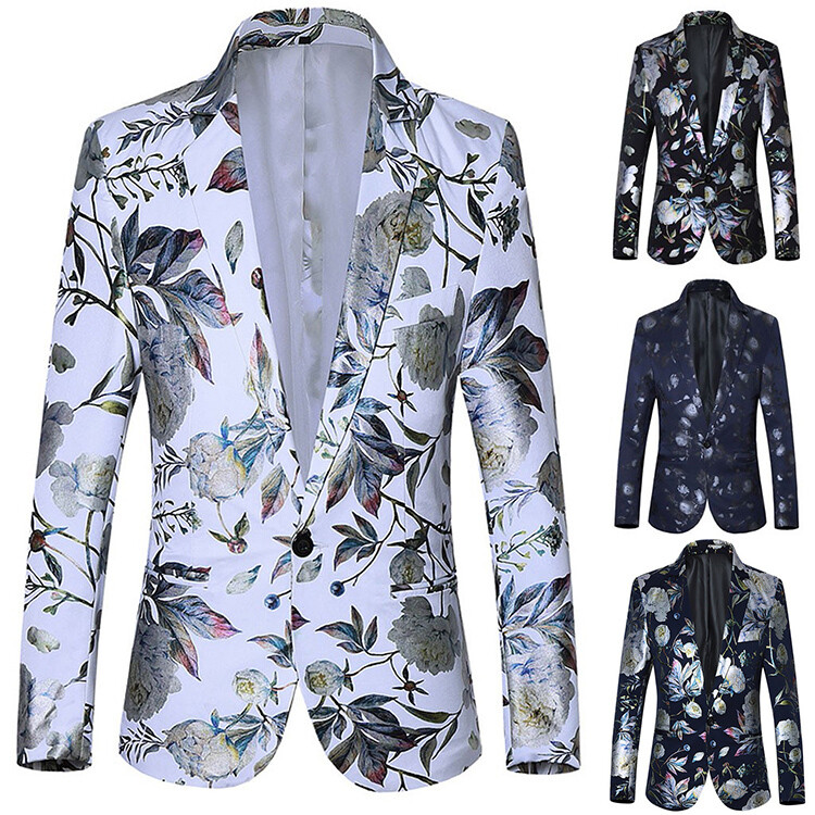 Autumn Men's Casual Business Wedding Long Sleeve Print Floral Suit Coat Blazers Single Button Slim Fit For Men Stylish Suit