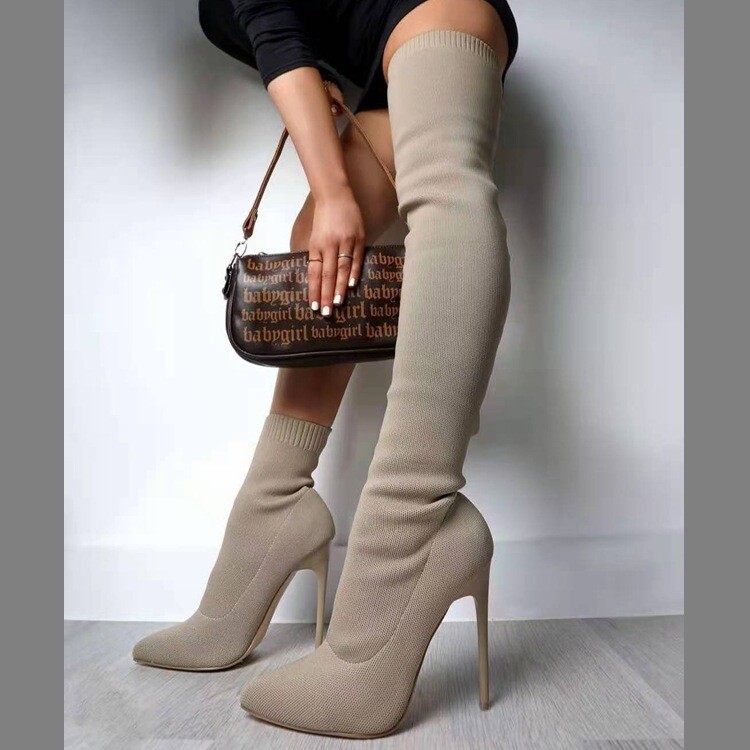 2022 New Winter Trendy Fashion Solid Luxury Thin Heel Over Knee Boots Women Sexy Knitted High Heels Boot Shoes