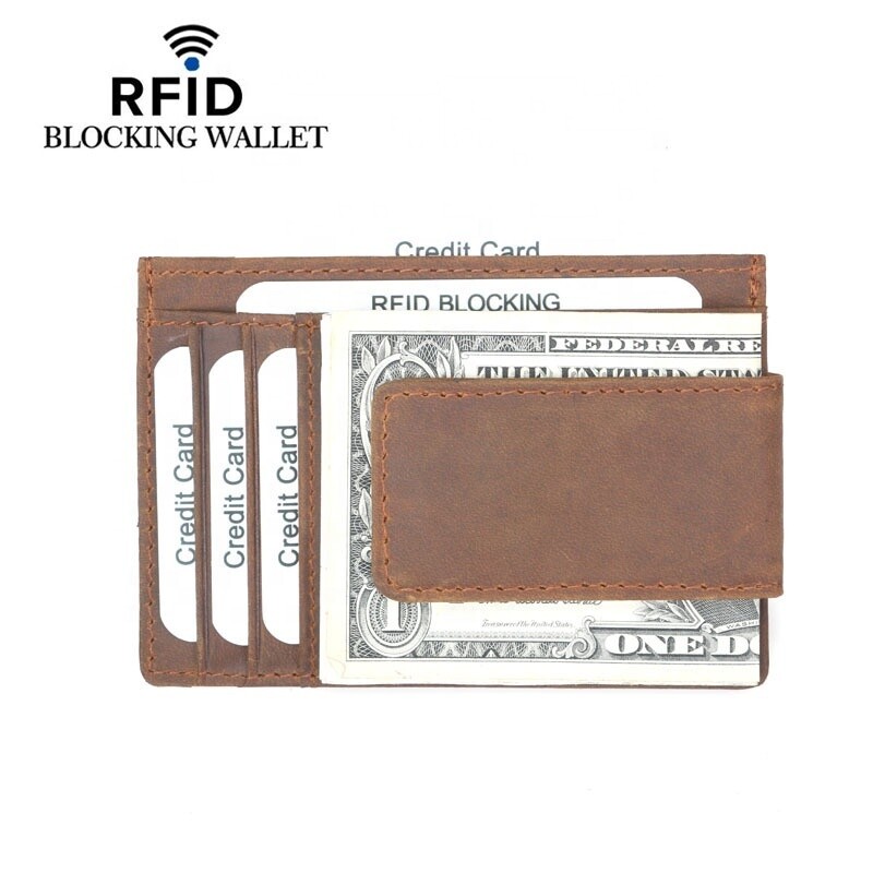 Slim Genuine Leather Matte Mini RFID Blocking Custom Magnet Money Clip Men's Wallets