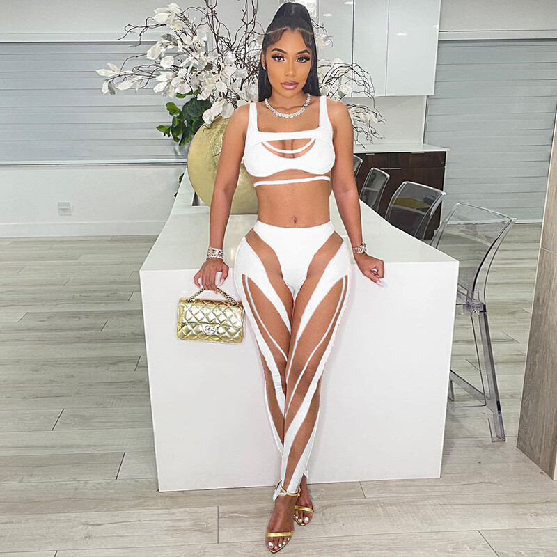 2022 new arrival women two piece set summer sexy sleeveless suspenders tight tops splicing mesh pants suit crop top 2 piece set