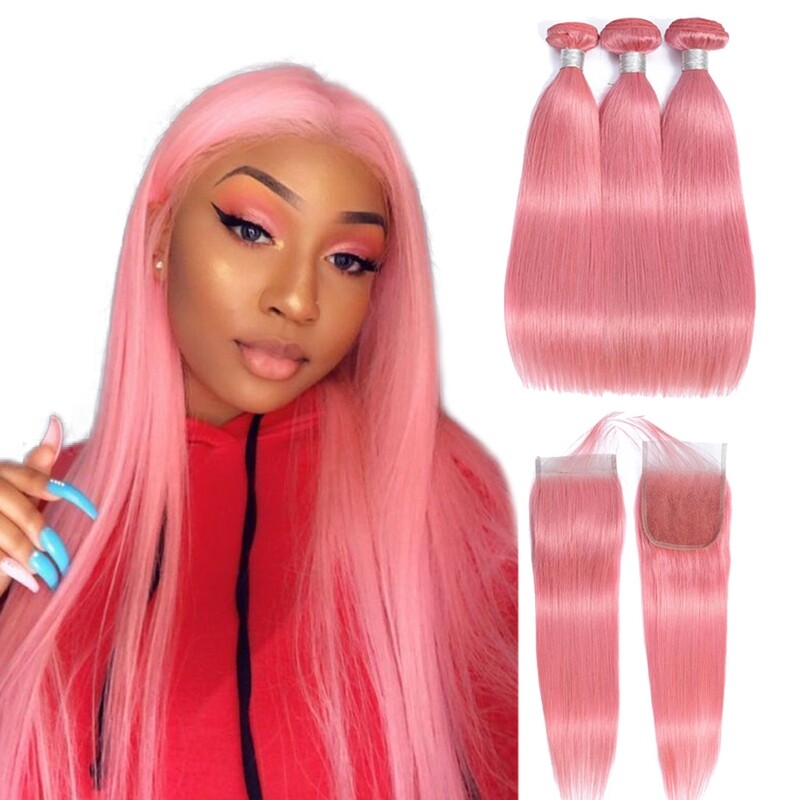 Colored Straight Hair Extension Sale of Remy Human Hair 100% Human Hair Virgin Brazilian Pink Weave Bundles