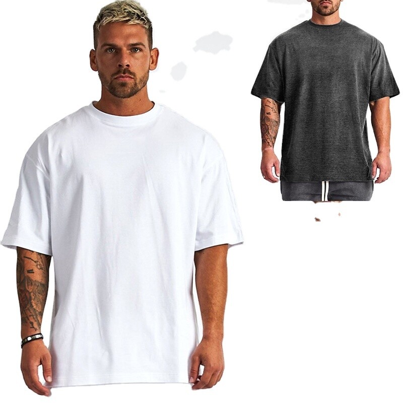 Big Tall Gym T-shirt White fat cotton T-shirts with round collars