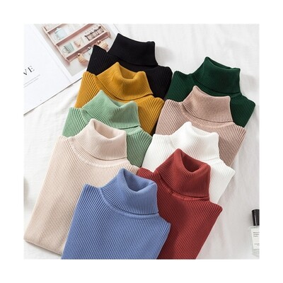 Pure Color Self-cultivation Temperament Cotton Pullover Sweater Women's Turtleneck Knitted Sweater