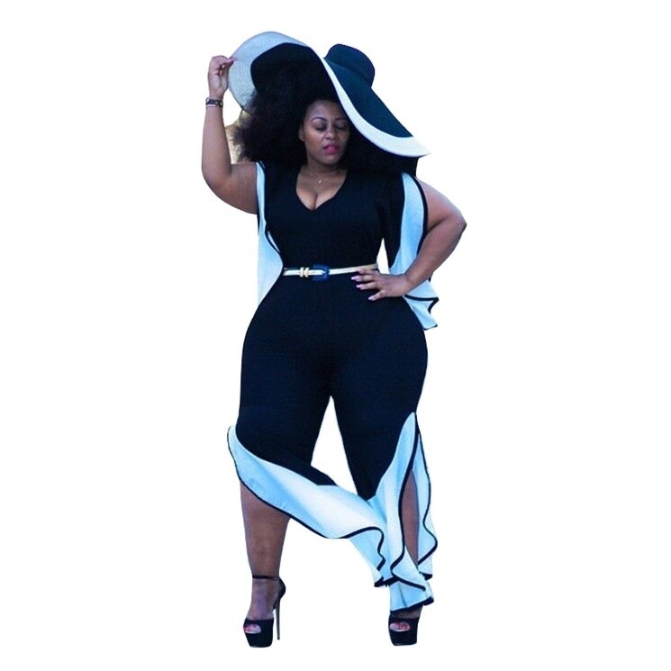 design black and white high waist slit fat woman plus size bandage jumpsuit