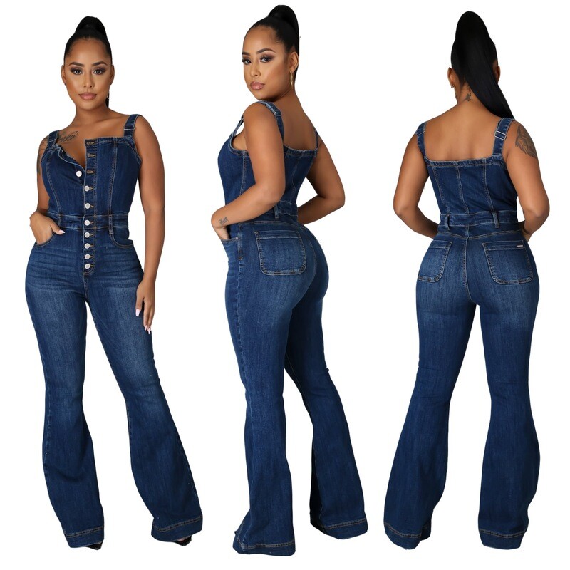 trendy casual sleeveless skinny jeans overall flare bell bottom suspender denim jumpsuit for women