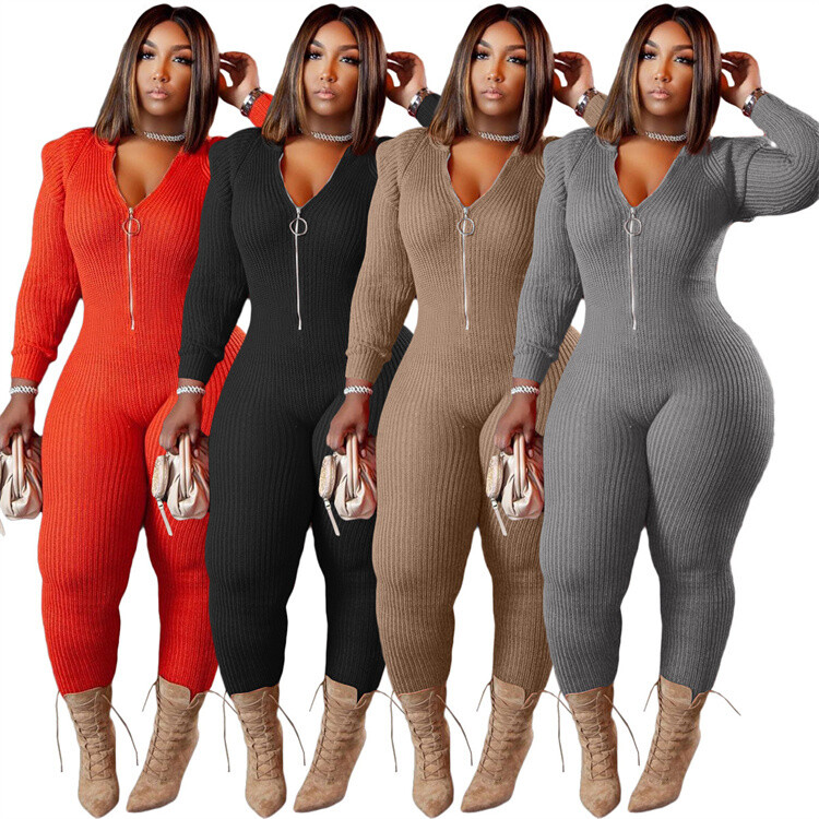 Fashion Knitted Wool Padded Shoulder Hoods Long Sleeve Jumpsuit Women Jumpsuit Plus Size Jumpsuits