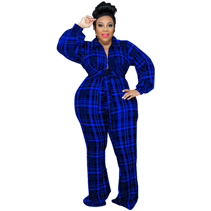Plus Size Colors in Blue and Red MY1003 New Chic 2022 Fall Lantern Long Sleeve Plaid Loose Wide Leg Pants Jumpsuit One Piece Bodysuit With Belt