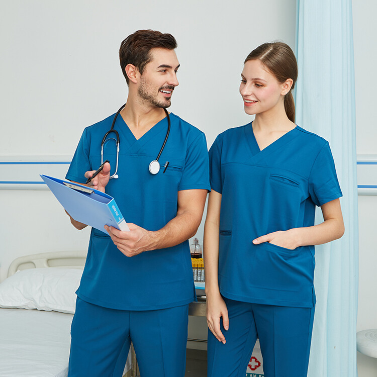 Spandex/polyester four-way stretch hospital workwear Stylish Unisex Nursing Scrubs