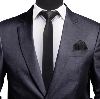Unisex Uniform Wear Plain Black Clip on Tie Adult Doorman Dress Funeral Neckties with Pocket Square Formal Silk 6cm Tie Set