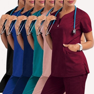 Top quality medical stretch V-neck Navy blue pink women sexy scrubs uniform tops