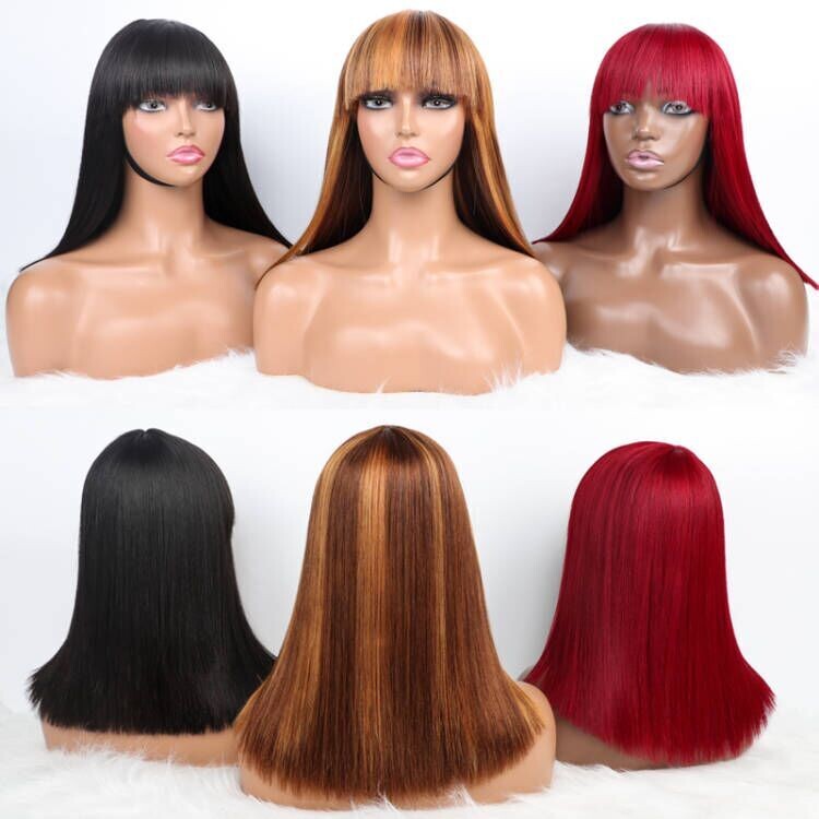 12a Grade Raw Vietnamese Bone Straight Human Hair Wig With Fringe,250% Density Burgundy Ombre Brown Hair Bob Wigs With Bang