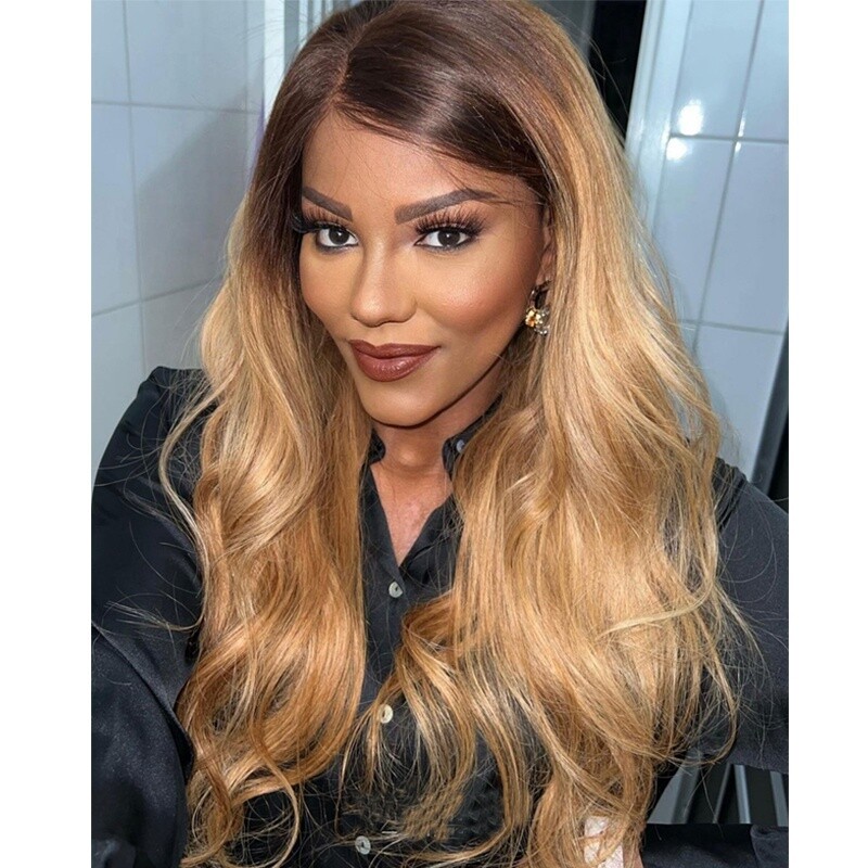 4/27 Highlight Wig Ombre Brown Honey Blonde Short Bob HD Lace Front Wig Colored Human Hair Wigs