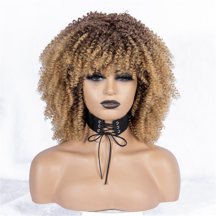 Hot selling High Temperature Fiber Short Afro Kinky Curly Synthetic Wigs Natural Looking Dark Brown Mixed Black Hair for Women