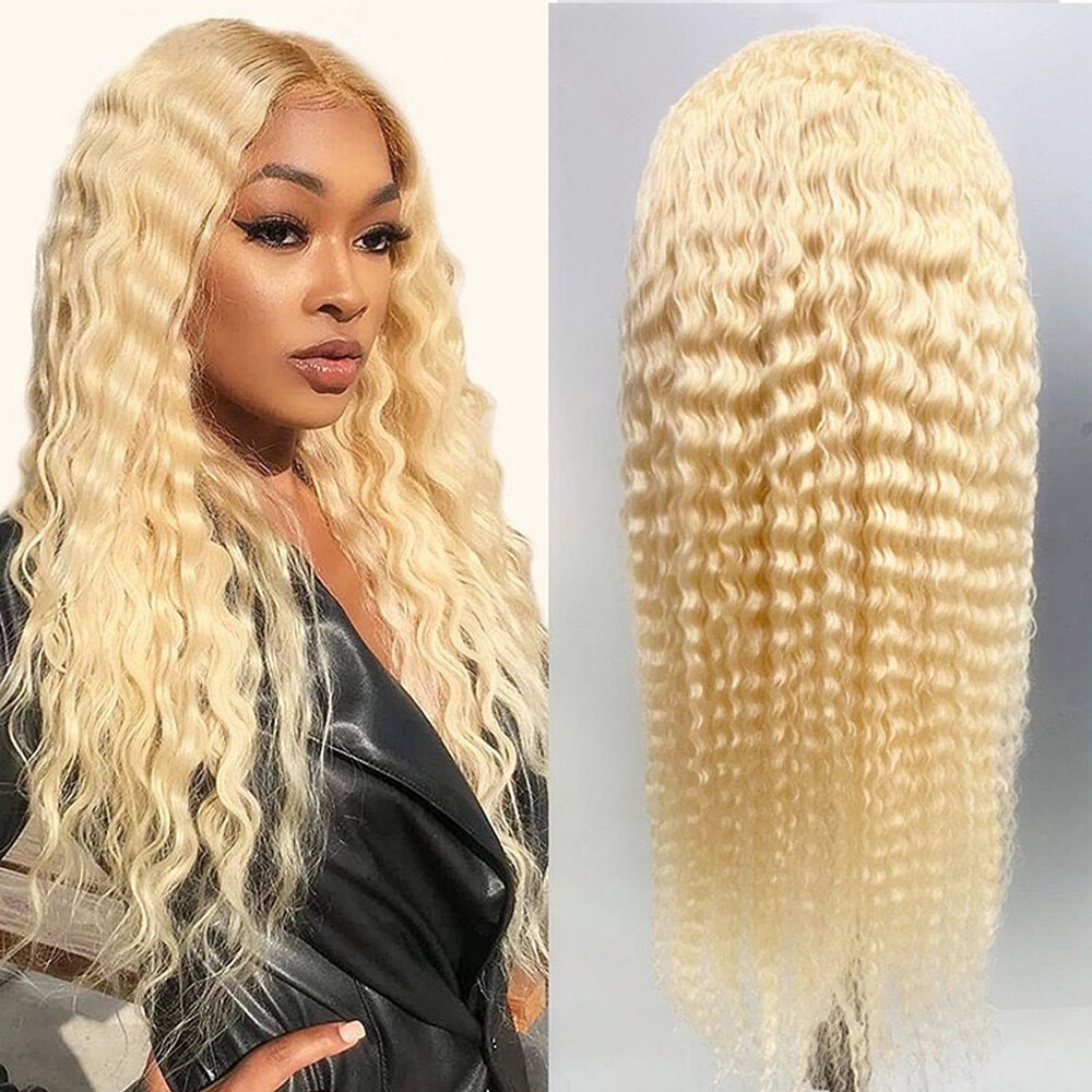 180% Density 13x4 26 Inch 613 Curly Human Hair Lace Frontal Wig Deep Wave 613 Blonde Lace Wig 613 Curly Lace Front Wig