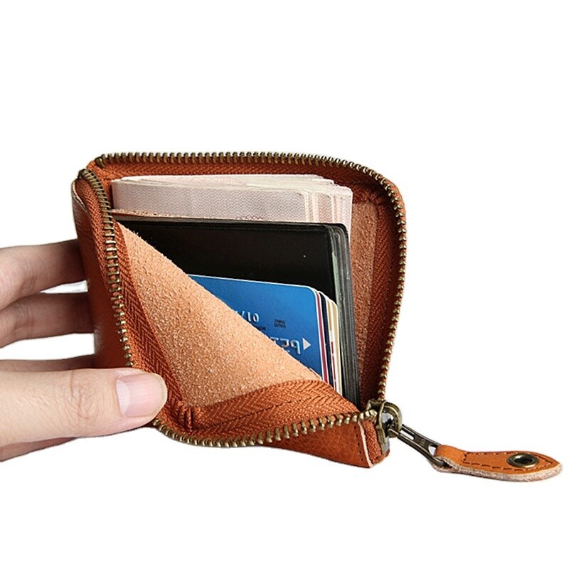 Vintage Handmade Genuine Leather Simple Cards Organize Wallet Small Coin Pouch Zipper Hand Purse