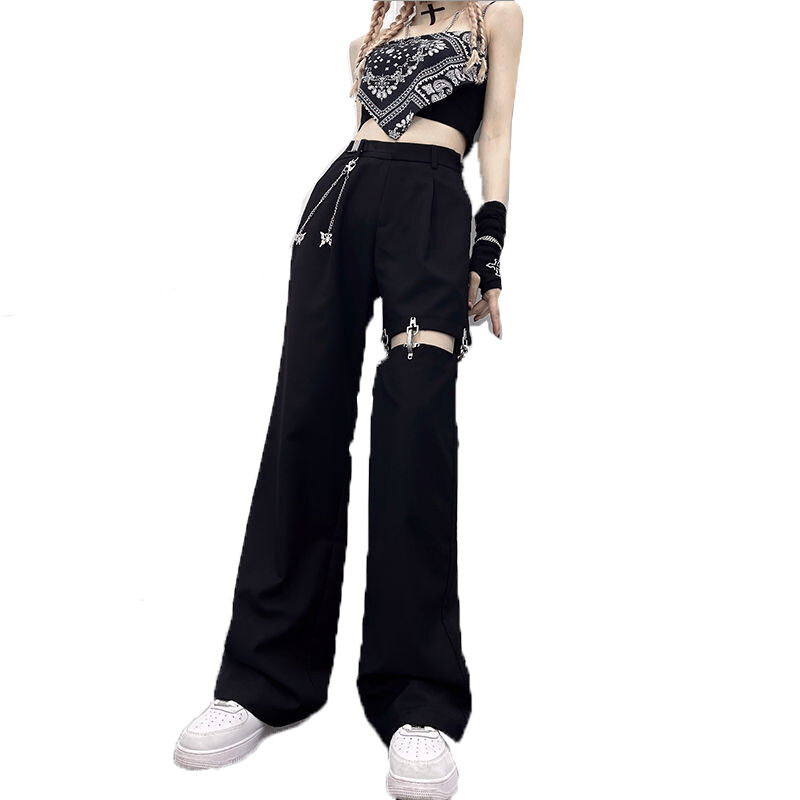 Women Black Hip hop Pants Harajuku  Cargo trousers Punk Chain Design Streetwear Grunge Techwear Plus Size Punk Oversize Joggers
