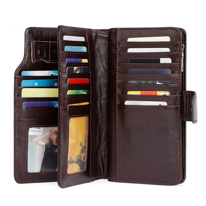 Business retro casual multi functional pure leather long wallet for men genuine leather