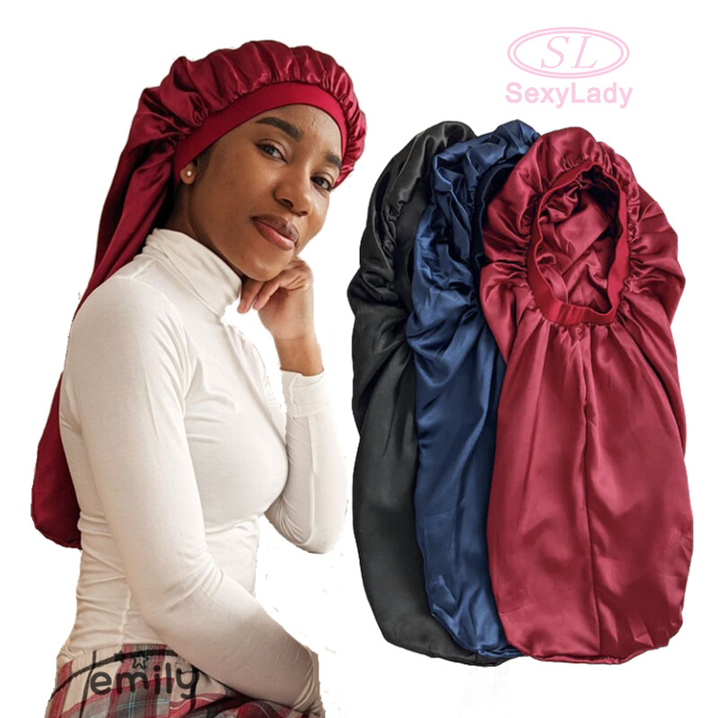 Low MOQ 100% silk weave designer bonnet for women wholesale satin long braid bonnet with logo