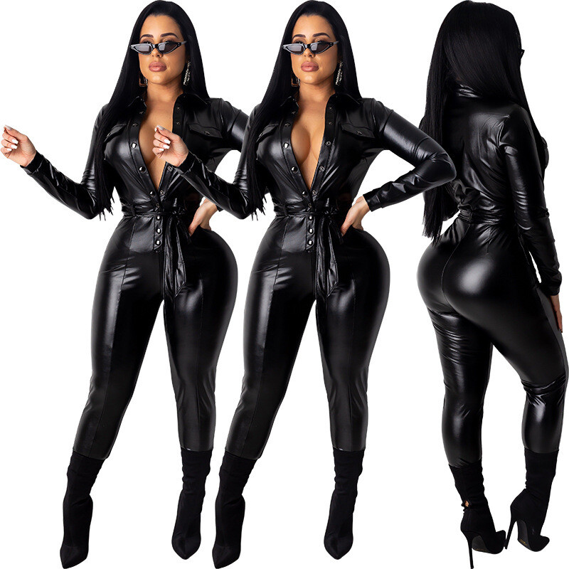 2020 Fashion Long Sleeve Bodycon Jumpsuits Leather Pu Pants Girls' Winter Clothes One Piece Jumpsuits For Ladies