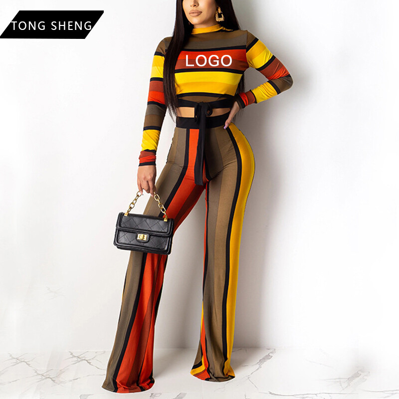 Wholesale Custom Striped Printed Long Sleeve Crop Top and Pants Women Two Piece Pants Set