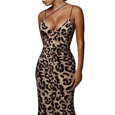 European And American Summer  Women Serpentine Leopard Print Suspenders Slim Sexy Midi Luxury Dress