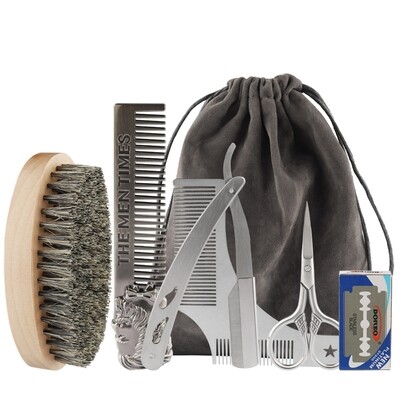 Beard Knife Comb Scissors Nature Oval Bamboo 100% Boar Bristle Hair Beard Brush For Mens