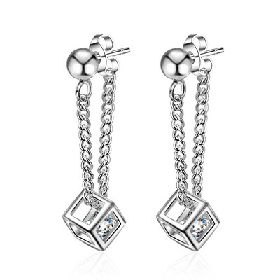 Silver Color Fashion Zircon Magic Square Piercing Stud Earrings Female Crystal Chain Tassels Dangle Earrings Jewelry