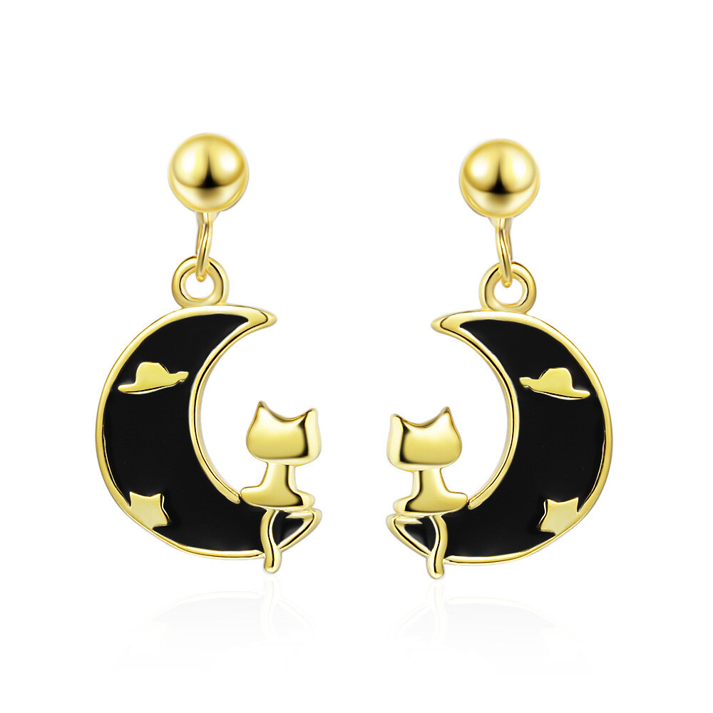 Trendy Moon Cat Black Enamel Drop Earrings for Women Lovely Jewelry Drop