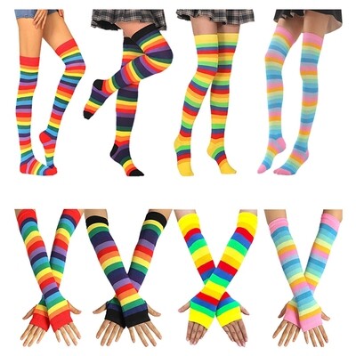 Rainbow Cosplay Women Sexy Stockings Set Thumb Hole Fashion Warm Mittens Stripe Long Sock Suit Wholesale