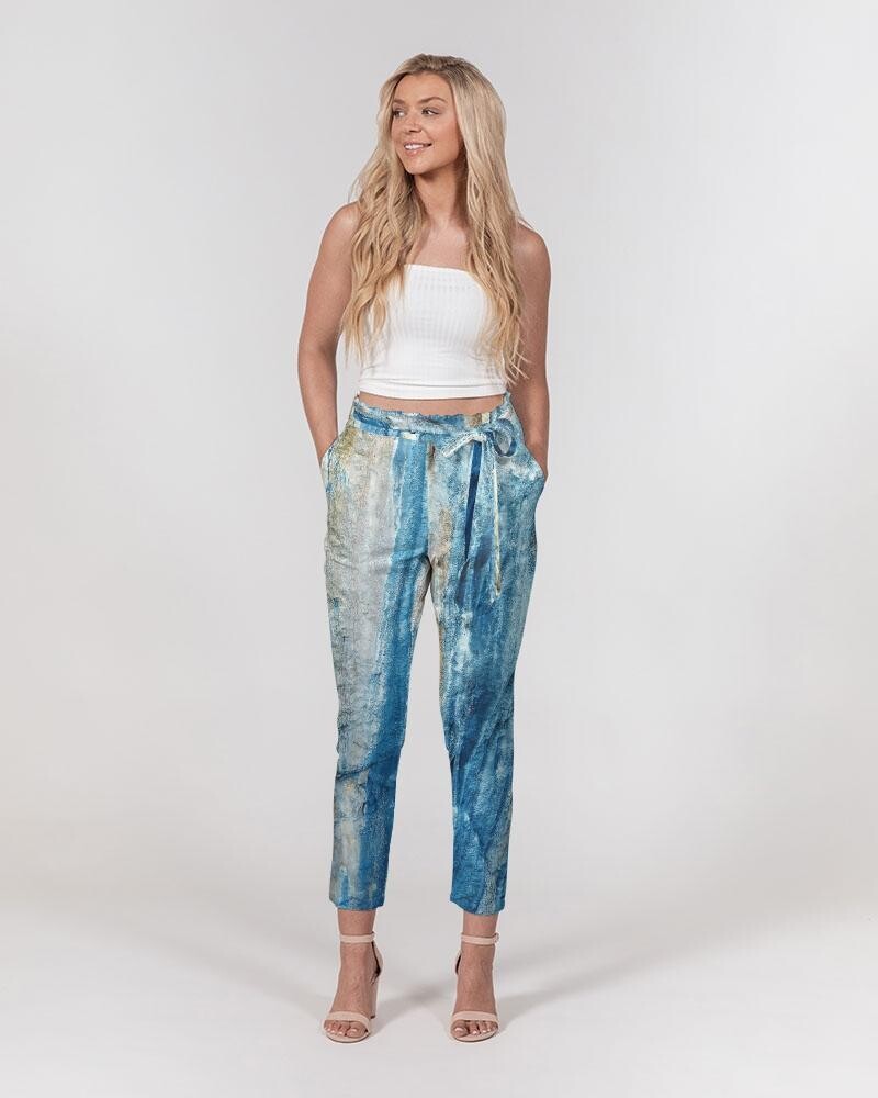 Women's Pants, Tapered Cut Trousers - Belted / Blue / Multicolor