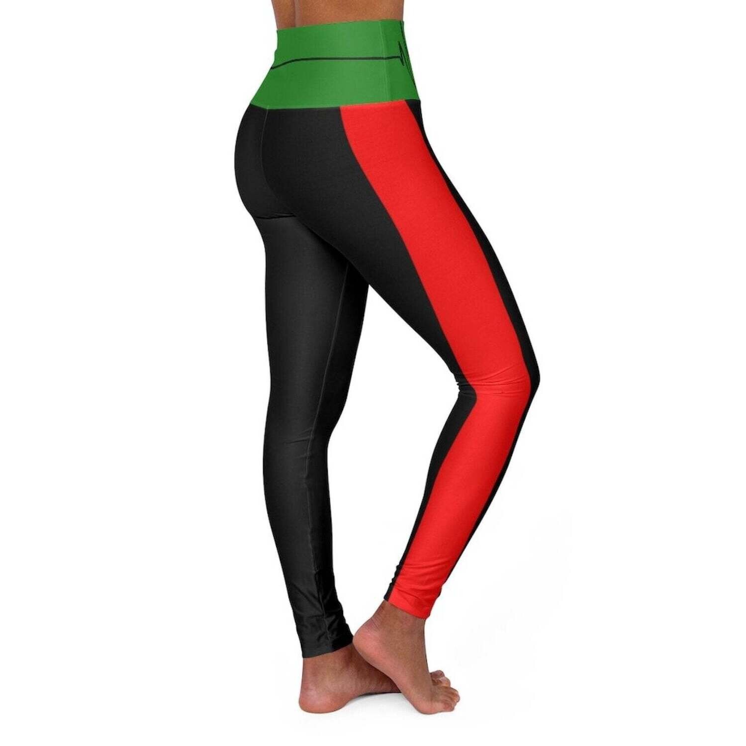 High Waisted Yoga Leggings, Black Red Yellow And Green Beating Heart Sports Pants