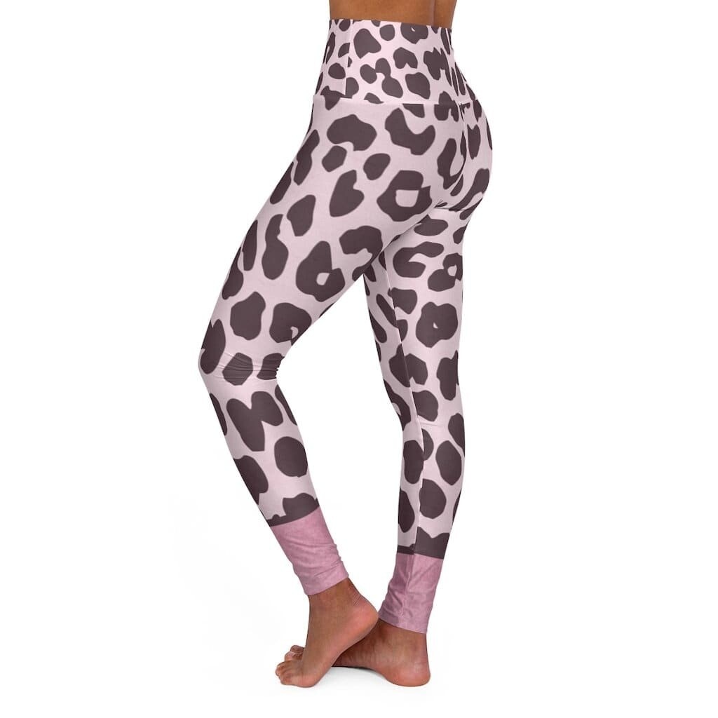 High Waisted Yoga Leggings, Heather Pink Leopard Style Pants
