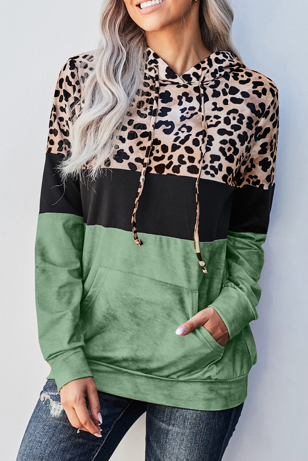 Green Leopard Tie Dye Colorblock Hoodie