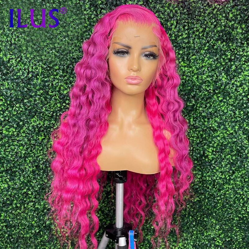 HD Lace Frontal Wig Rose Pink Colored Deep Curly 50 Inch Full Lace Wig 100% Brazilian Human Hair Wig For Black Women Pre Plucked