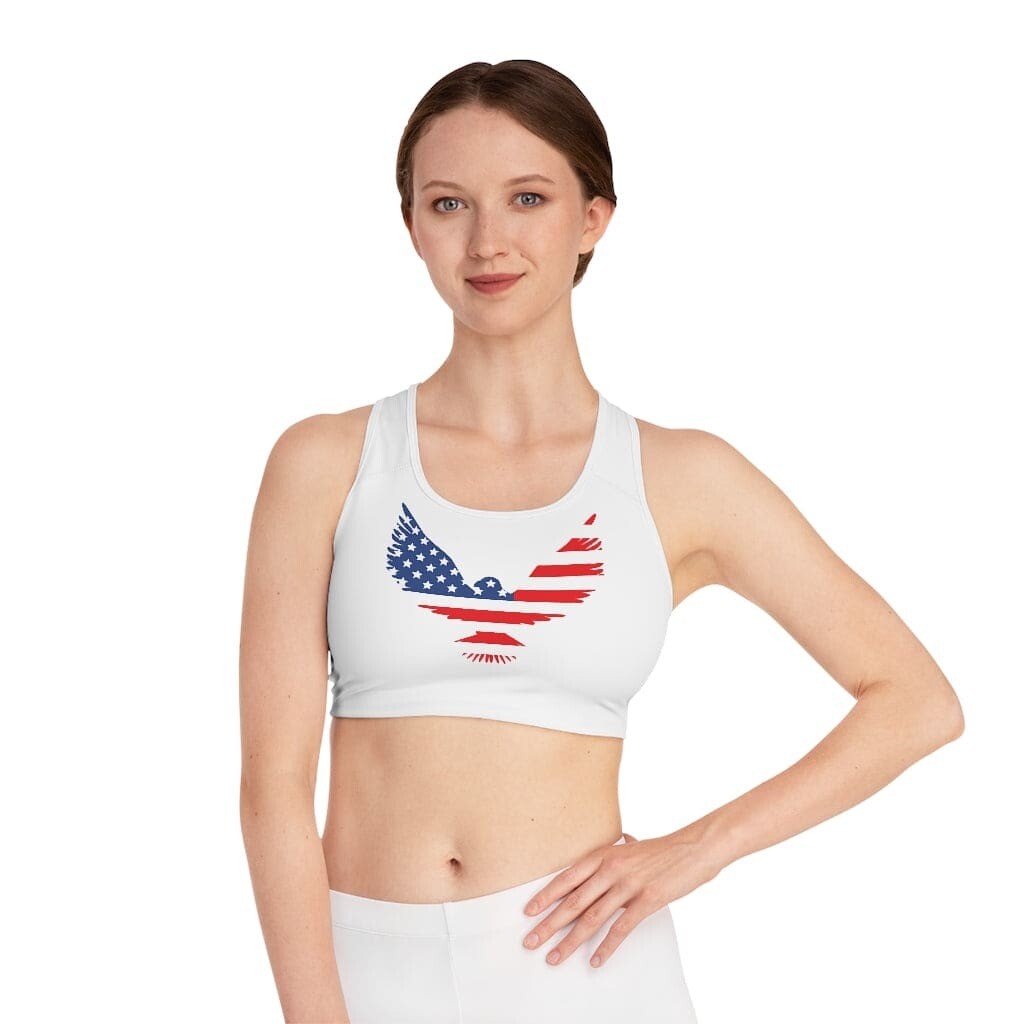 Uniquely You Womens Halter Sports Bra Top / Red White Blue Eagle Print